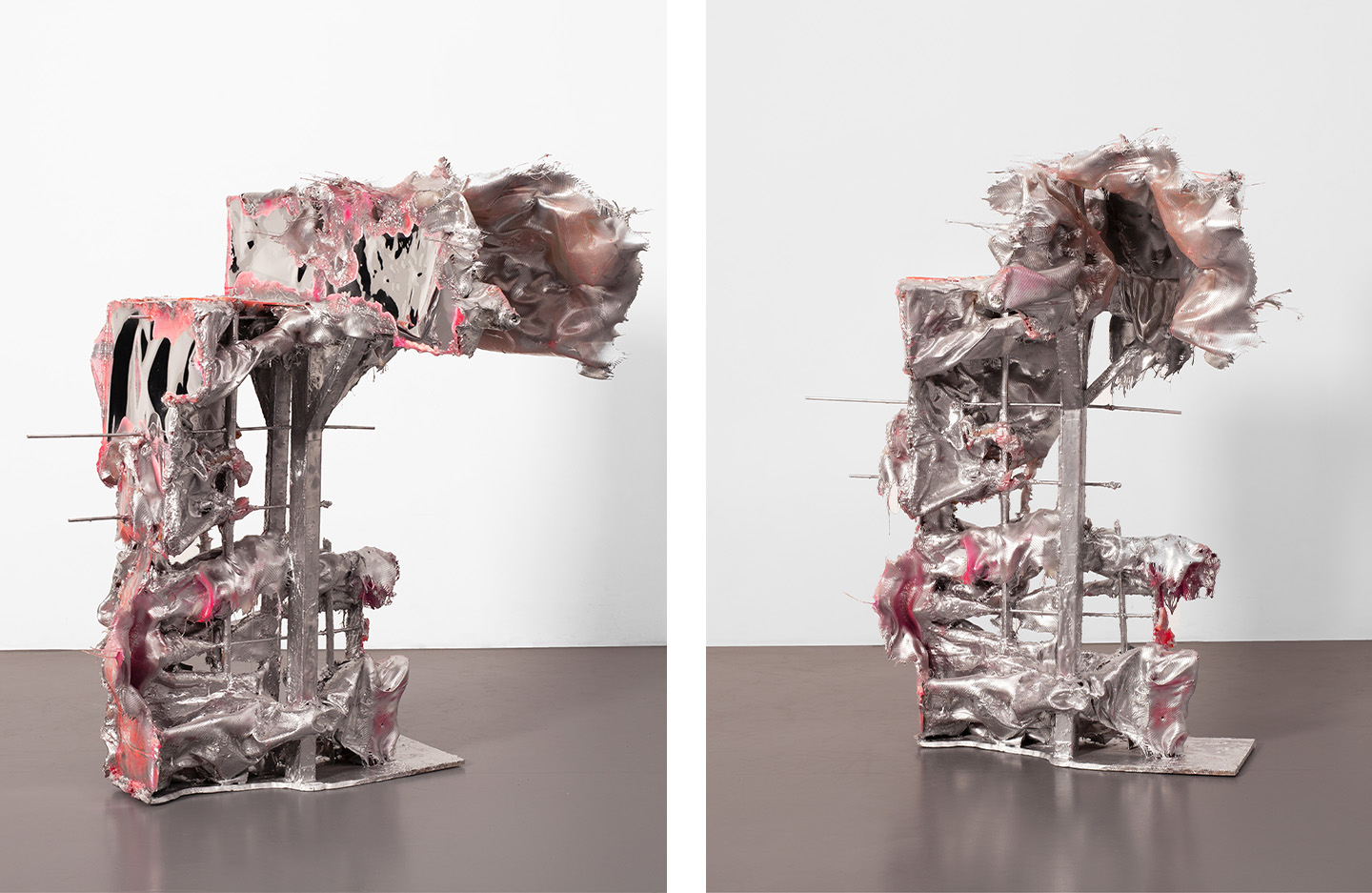 This image shows the side views of a sculpture by Selou Sowe. It has a bizarre anorganic structure and shines in chrome colours and pink.